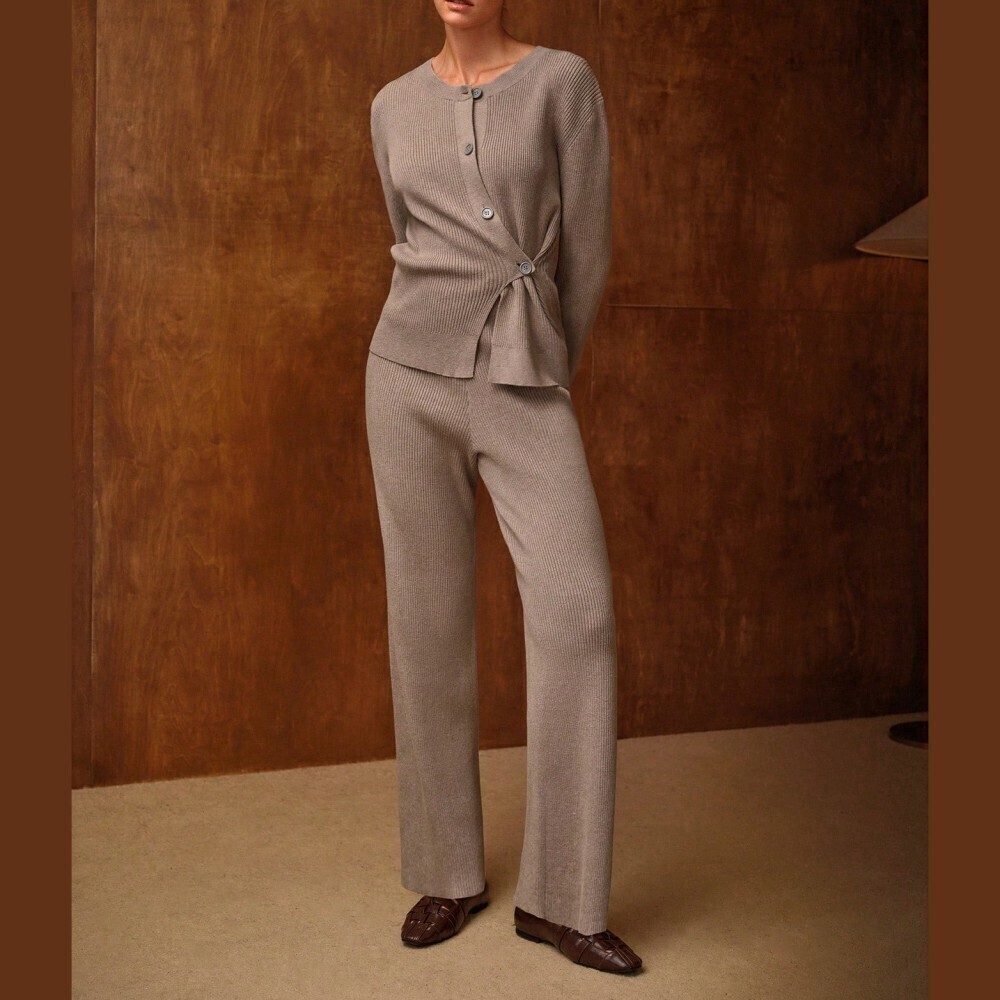 Taupe Warm Gray Ribbed Knit Wrap Cardigan and Pants Pantsuit Set